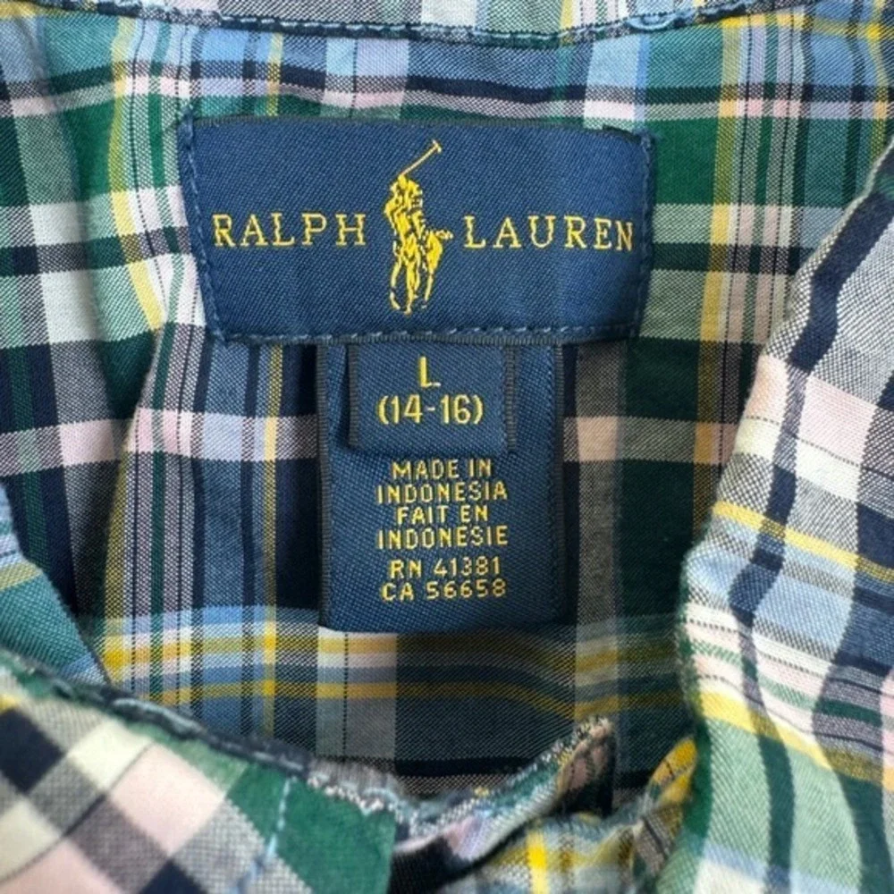 Ralph Lauren Plaid Button Down Shirt‎ Boys L 14-16 Green Blue Long Sleeve Pony